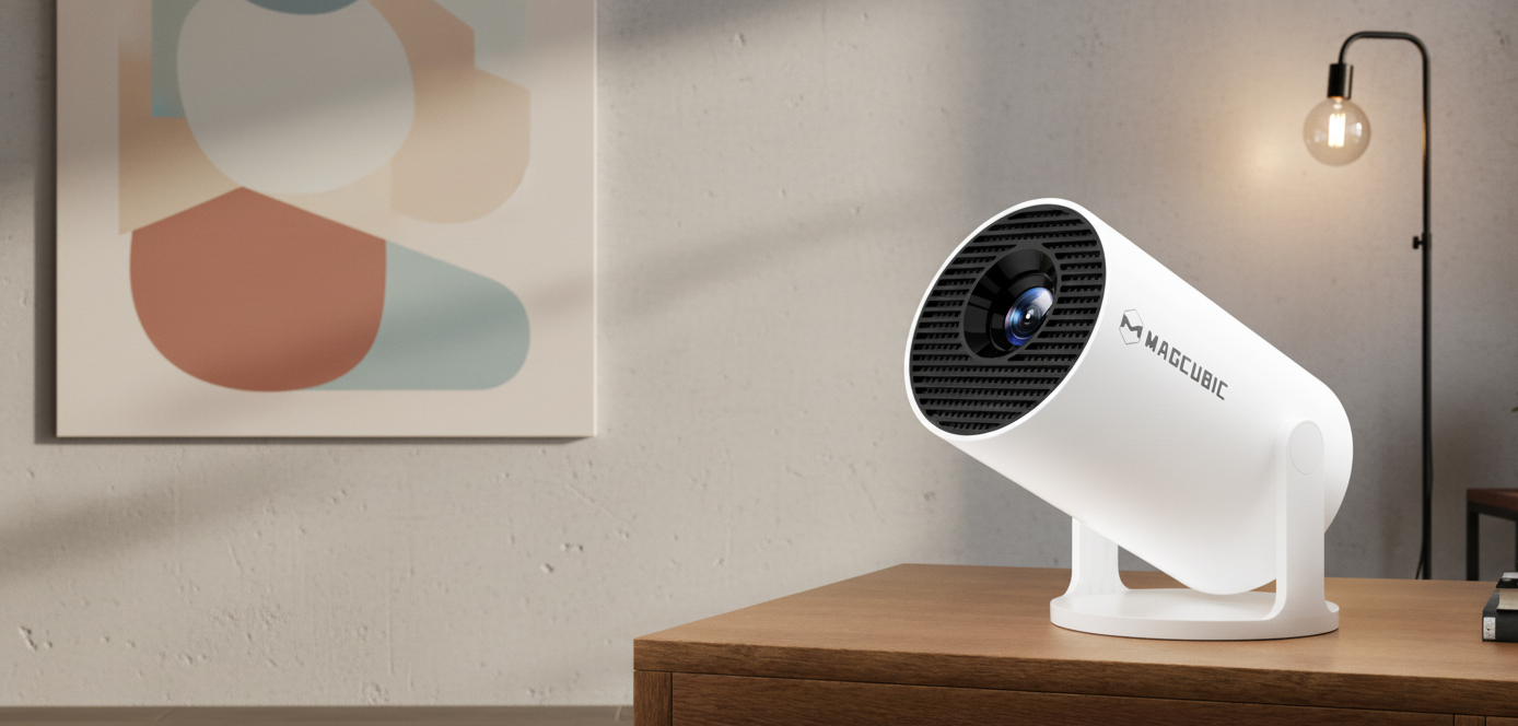 White projector on a wooden table with abstract art and a lamp in the background